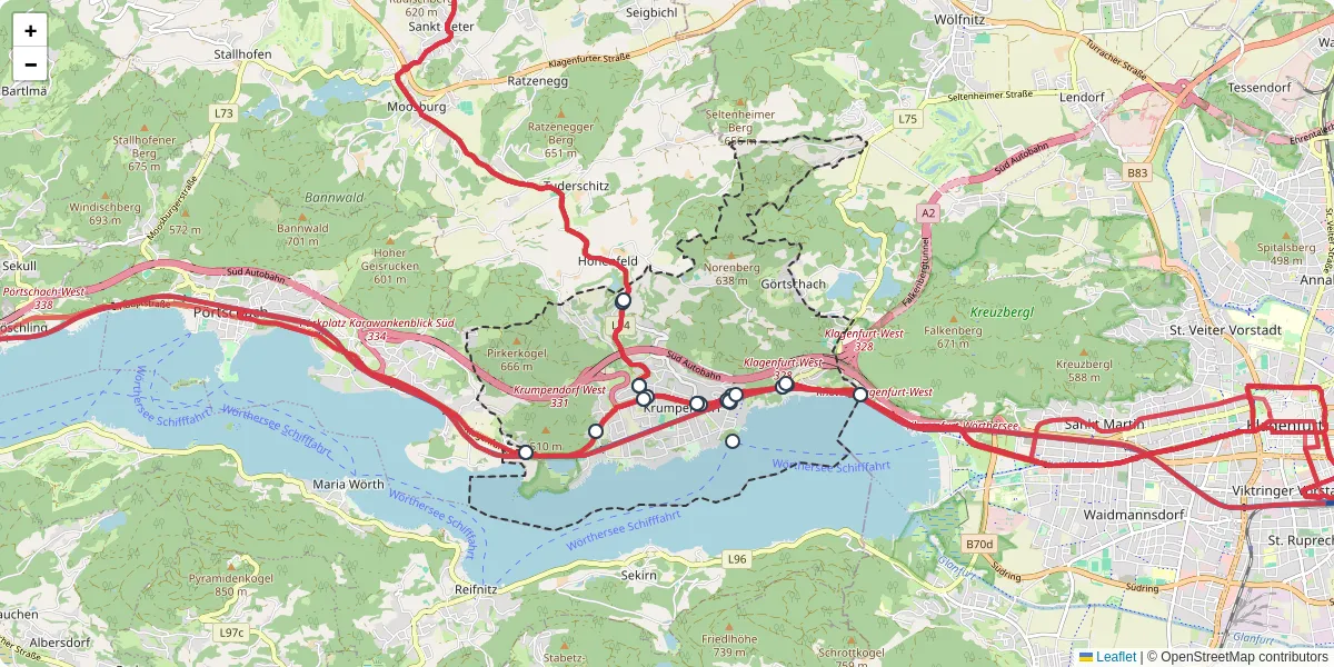 Nahverkehrsnetz in krumpendorf-am-worthersee, Österreich - Buslinien, Haltestellen und Verbindungen auf der Karte