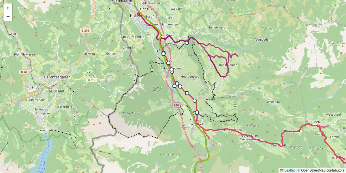 Nahverkehrsnetz in kuchl, Österreich - Buslinien, Haltestellen und Verbindungen auf der Karte