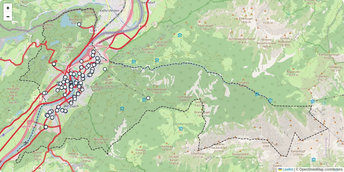 Nahverkehrsnetz in kufstein, Österreich - Buslinien, Haltestellen und Verbindungen auf der Karte