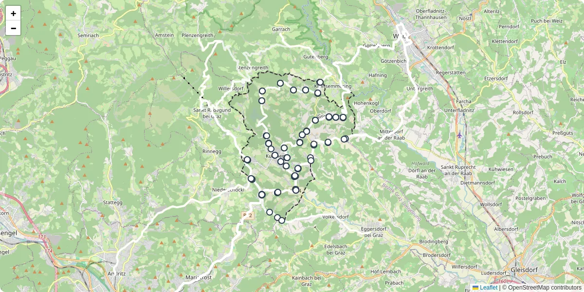 Nahverkehrsnetz in kumberg, Österreich - Buslinien, Haltestellen und Verbindungen auf der Karte