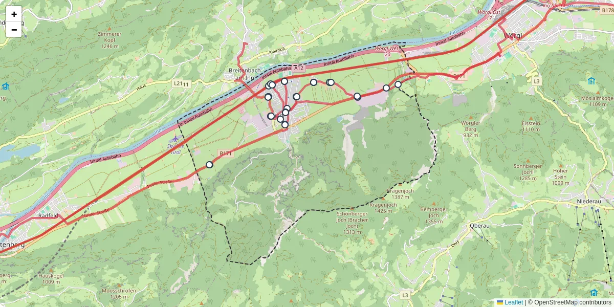 Nahverkehrsnetz in kundl, Österreich - Buslinien, Haltestellen und Verbindungen auf der Karte