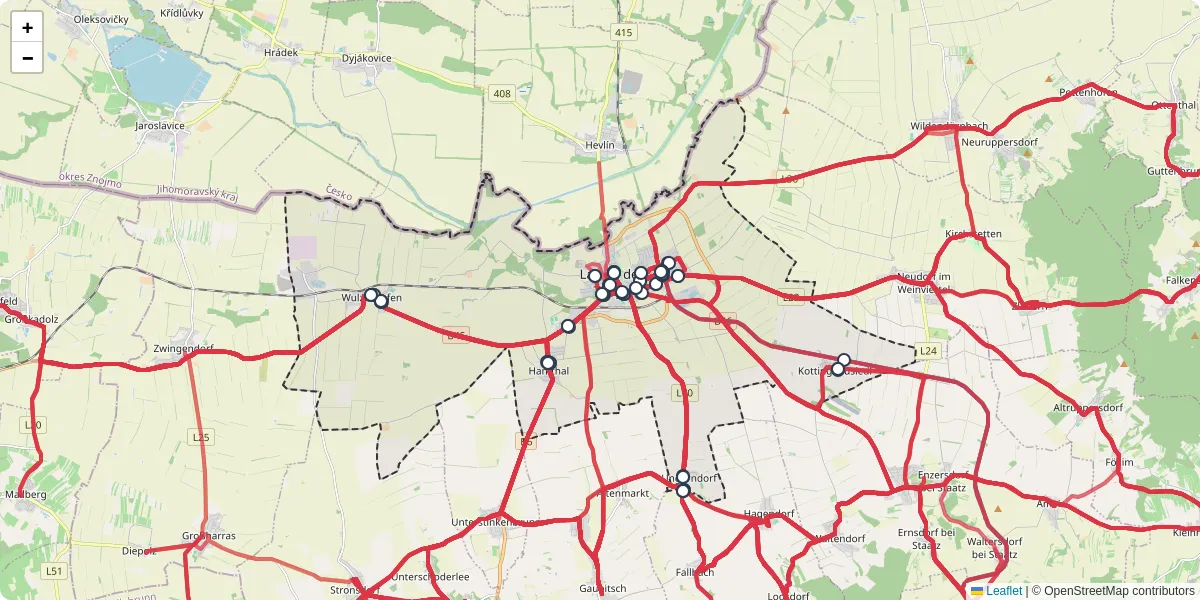 Nahverkehrsnetz in laa-an-der-thaya, Österreich - Buslinien, Haltestellen und Verbindungen auf der Karte
