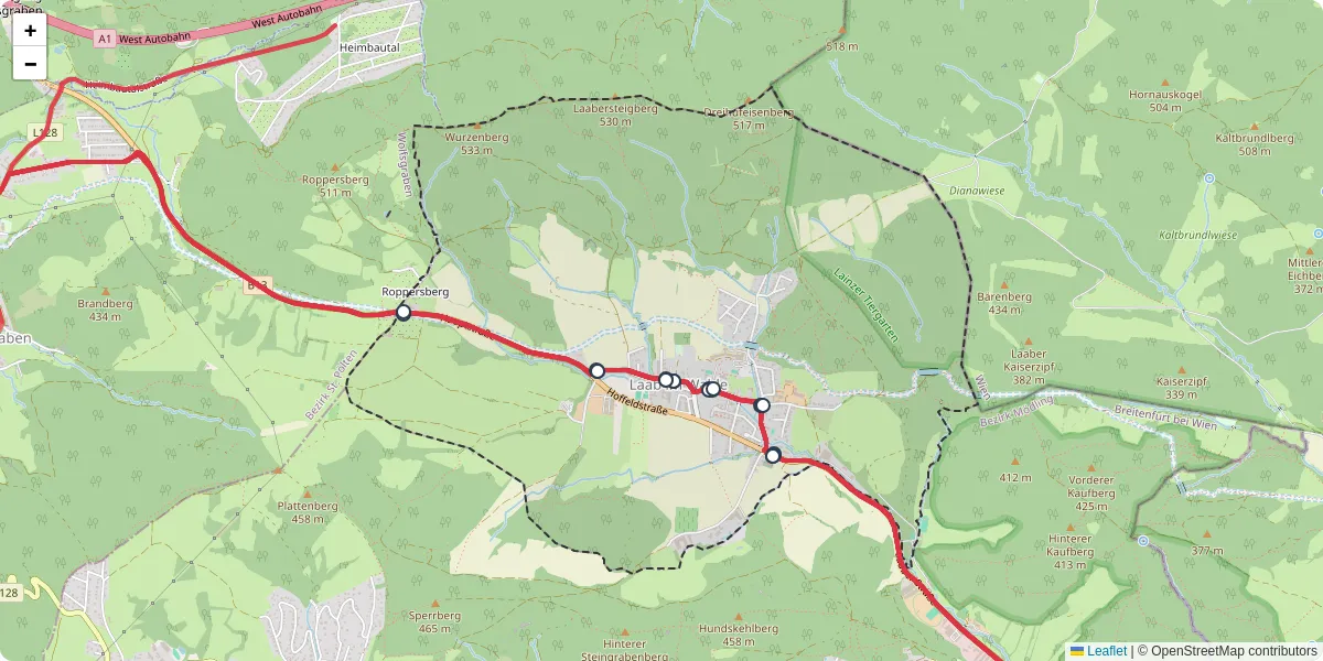 Nahverkehrsnetz in laab-im-walde, Österreich - Buslinien, Haltestellen und Verbindungen auf der Karte