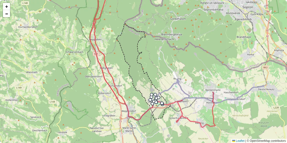 Nahverkehrsnetz in lackenbach, Österreich - Buslinien, Haltestellen und Verbindungen auf der Karte