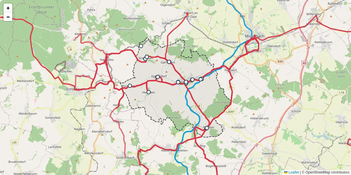 Nahverkehrsnetz in ladendorf, Österreich - Buslinien, Haltestellen und Verbindungen auf der Karte