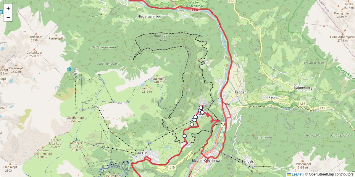 Nahverkehrsnetz in ladis, Österreich - Buslinien, Haltestellen und Verbindungen auf der Karte