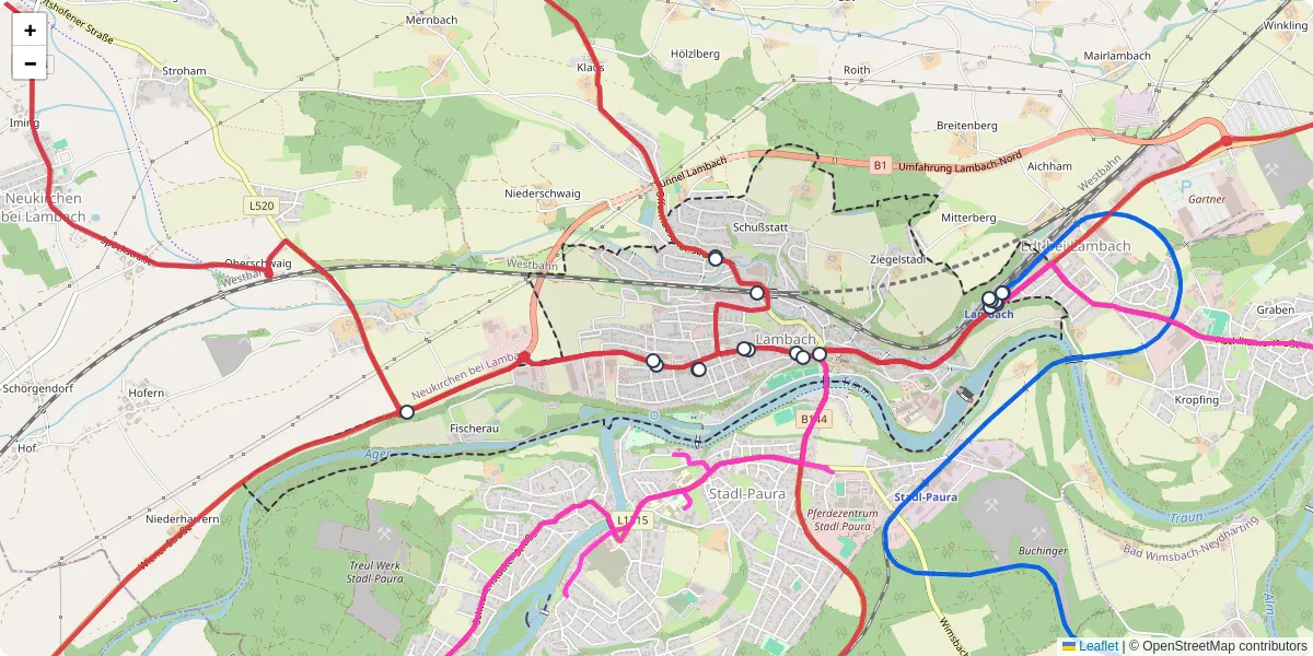Nahverkehrsnetz in lambach, Österreich - Buslinien, Haltestellen und Verbindungen auf der Karte