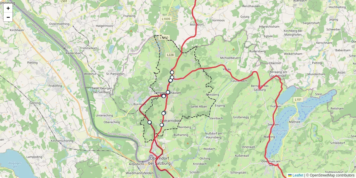 Nahverkehrsnetz in lamprechtshausen, Österreich - Buslinien, Haltestellen und Verbindungen auf der Karte