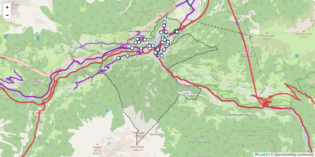 Nahverkehrsnetz in landeck, Österreich - Buslinien, Haltestellen und Verbindungen auf der Karte