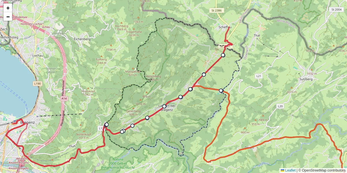 Nahverkehrsnetz in langen-bei-bregenz, Österreich - Buslinien, Haltestellen und Verbindungen auf der Karte
