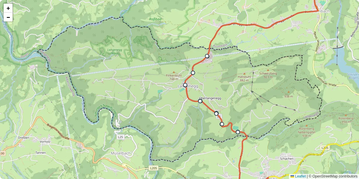 Nahverkehrsnetz in langenegg, Österreich - Buslinien, Haltestellen und Verbindungen auf der Karte