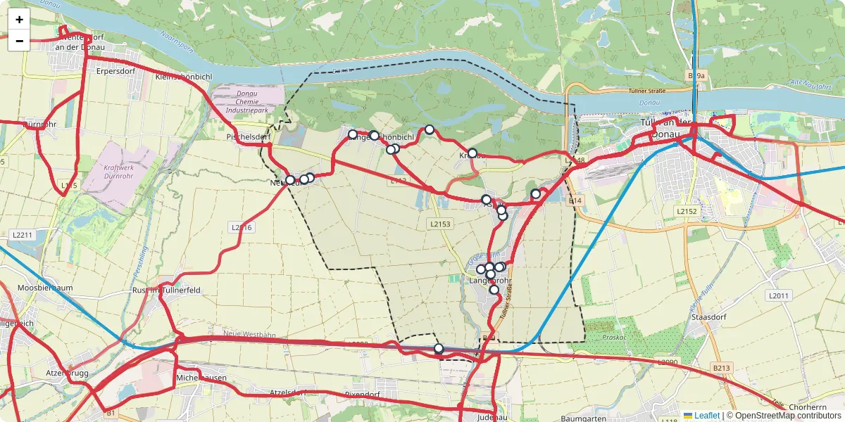 Nahverkehrsnetz in langenrohr, Österreich - Buslinien, Haltestellen und Verbindungen auf der Karte