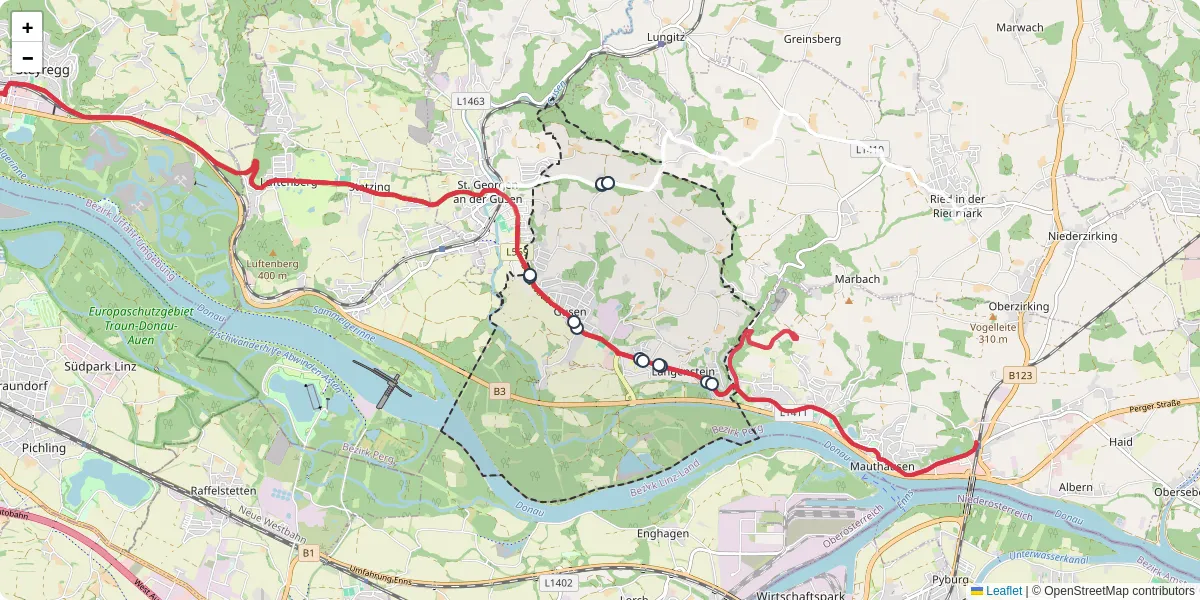 Nahverkehrsnetz in langenstein, Österreich - Buslinien, Haltestellen und Verbindungen auf der Karte