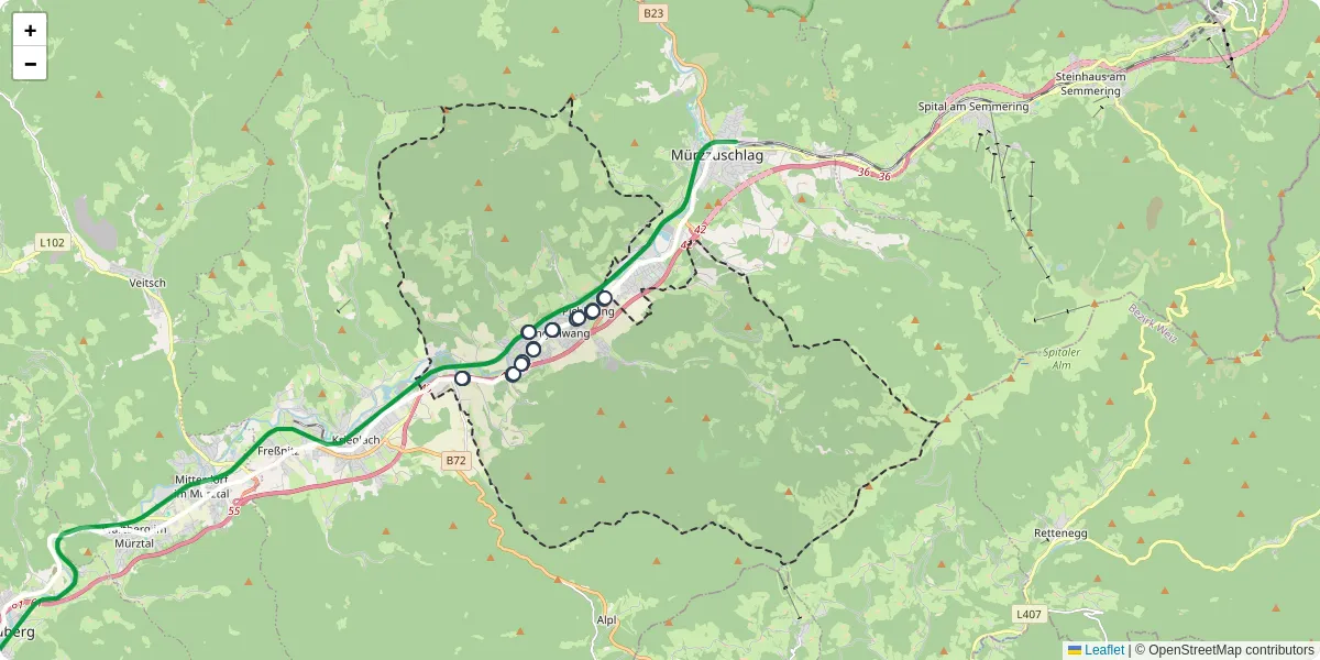 Nahverkehrsnetz in langenwang, Österreich - Buslinien, Haltestellen und Verbindungen auf der Karte