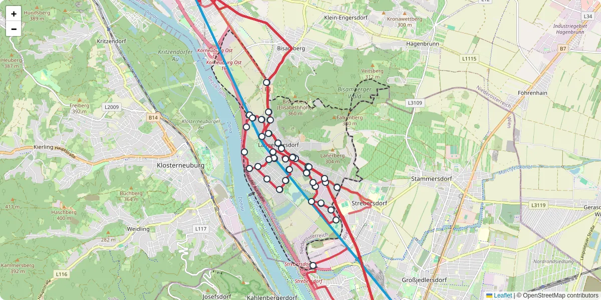 Nahverkehrsnetz in langenzersdorf, Österreich - Buslinien, Haltestellen und Verbindungen auf der Karte
