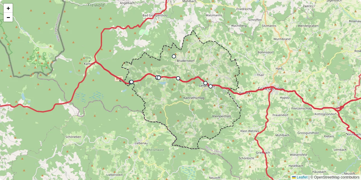 Nahverkehrsnetz in langschlag, Österreich - Buslinien, Haltestellen und Verbindungen auf der Karte