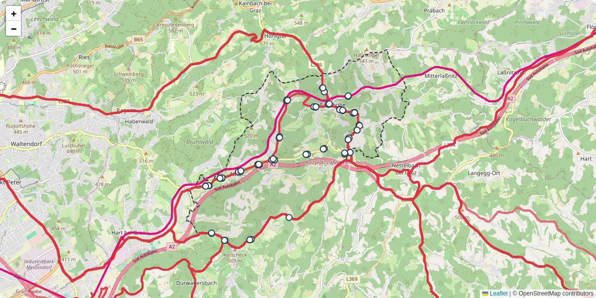 Nahverkehrsnetz in lanitzhohe, Österreich - Buslinien, Haltestellen und Verbindungen auf der Karte