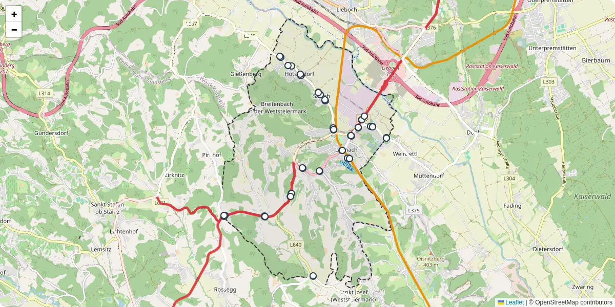 Nahverkehrsnetz in lannach, Österreich - Buslinien, Haltestellen und Verbindungen auf der Karte