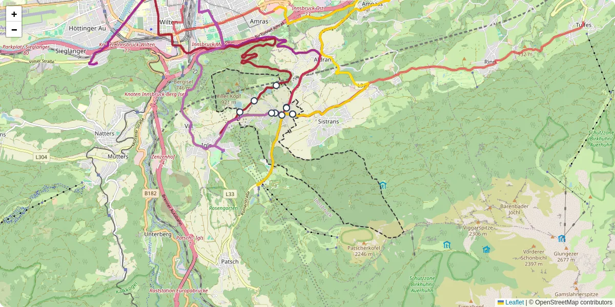 Nahverkehrsnetz in lans, Österreich - Buslinien, Haltestellen und Verbindungen auf der Karte