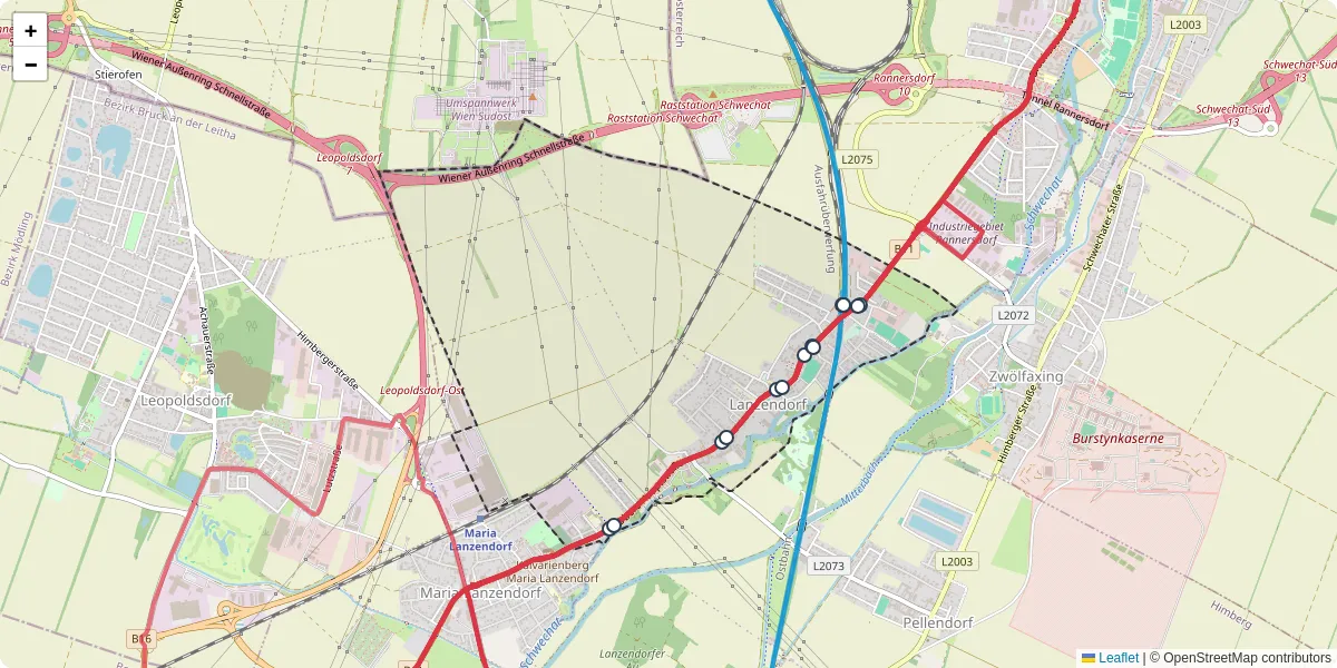 Nahverkehrsnetz in lanzendorf, Österreich - Buslinien, Haltestellen und Verbindungen auf der Karte