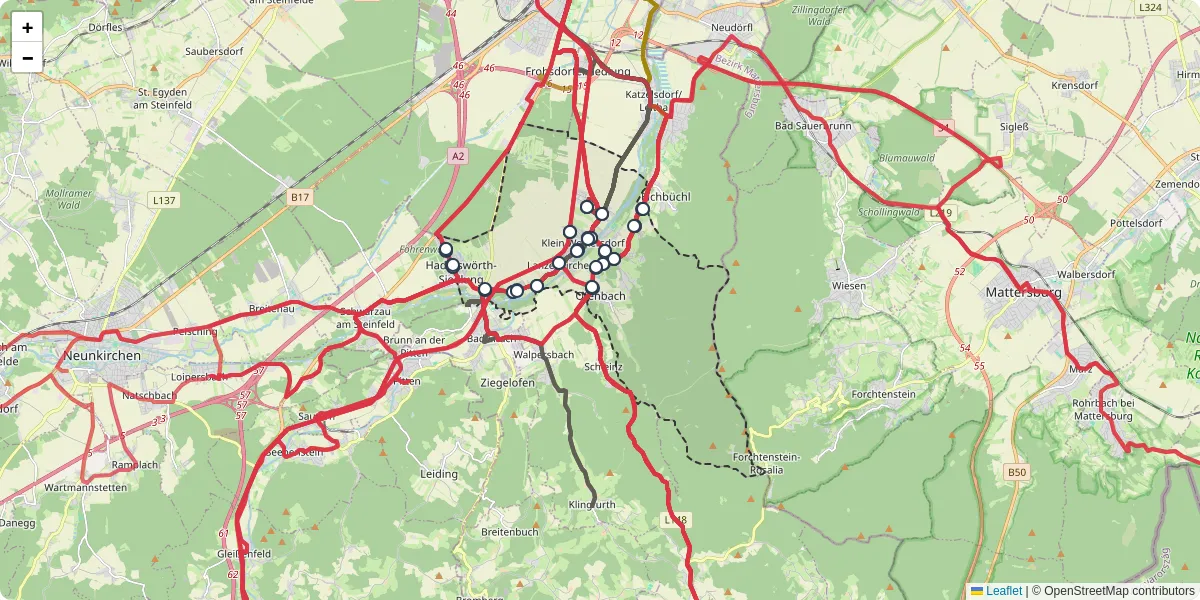Nahverkehrsnetz in lanzenkirchen, Österreich - Buslinien, Haltestellen und Verbindungen auf der Karte