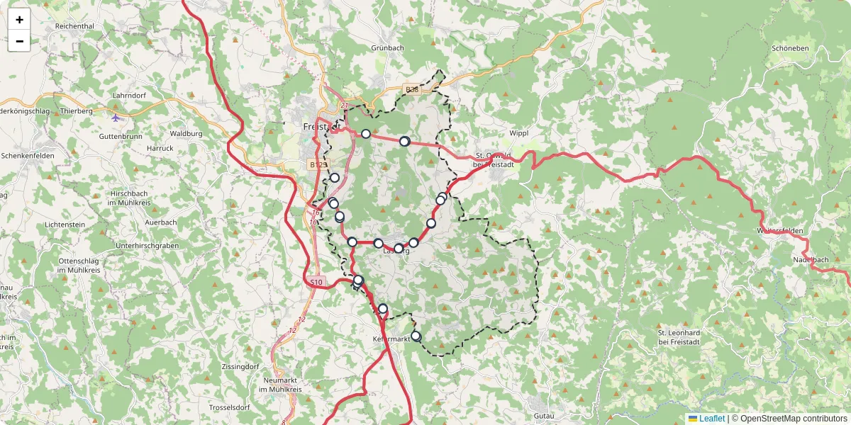Nahverkehrsnetz in lasberg, Österreich - Buslinien, Haltestellen und Verbindungen auf der Karte