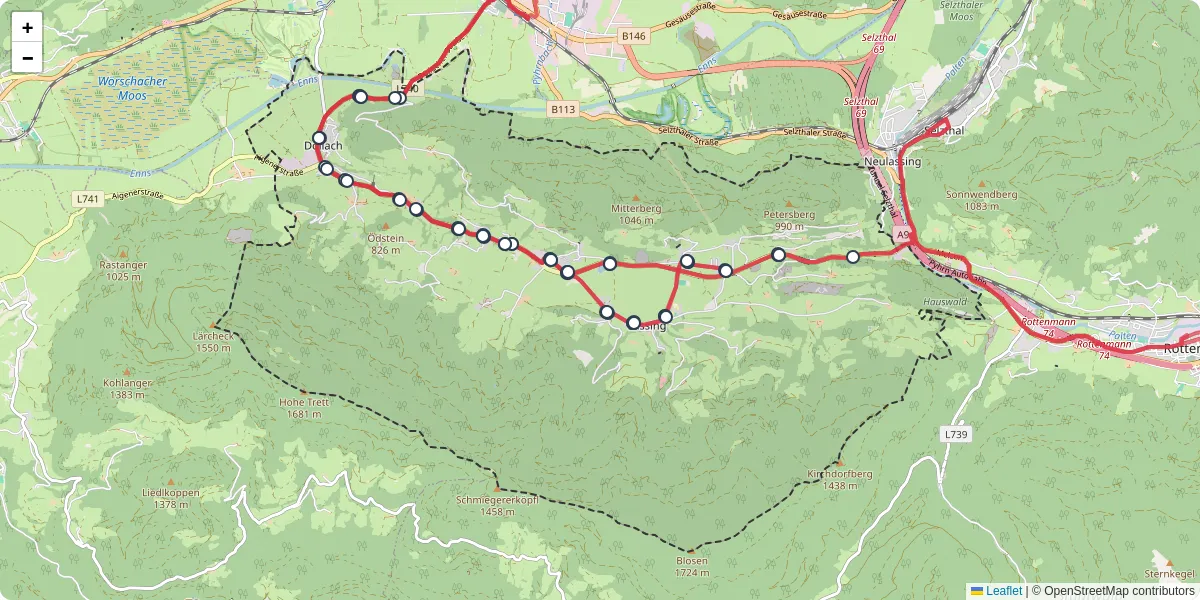 Nahverkehrsnetz in lassing, Österreich - Buslinien, Haltestellen und Verbindungen auf der Karte
