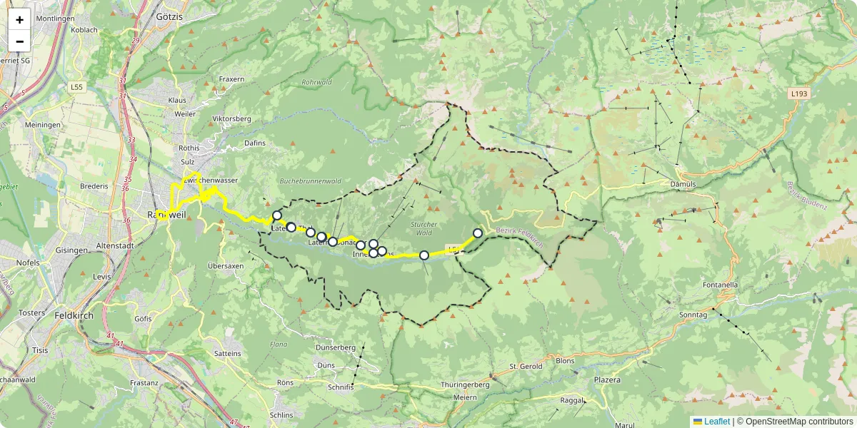 Nahverkehrsnetz in laterns, Österreich - Buslinien, Haltestellen und Verbindungen auf der Karte