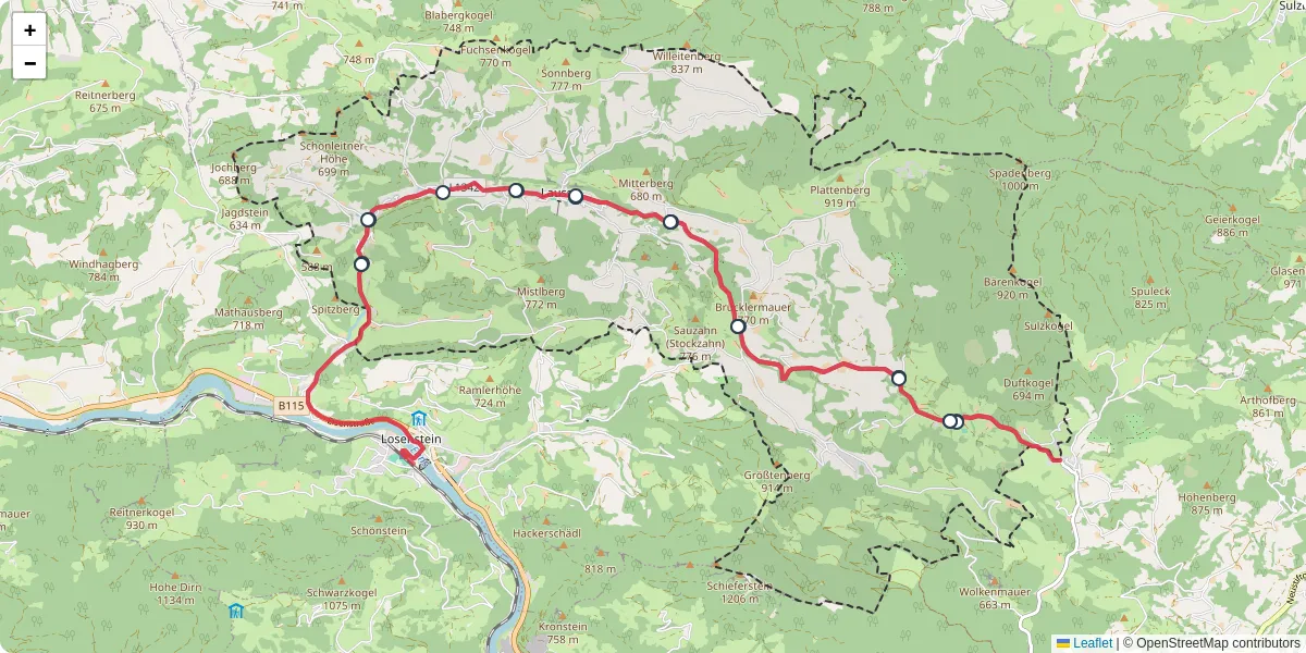 Nahverkehrsnetz in laussa, Österreich - Buslinien, Haltestellen und Verbindungen auf der Karte