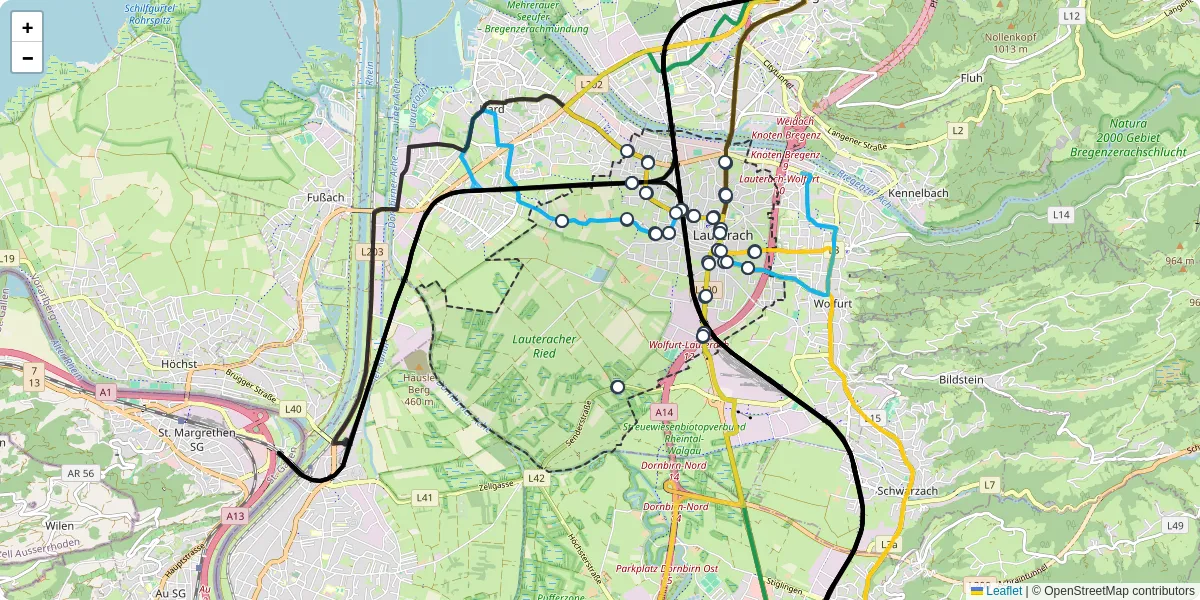 Nahverkehrsnetz in lauterach, Österreich - Buslinien, Haltestellen und Verbindungen auf der Karte