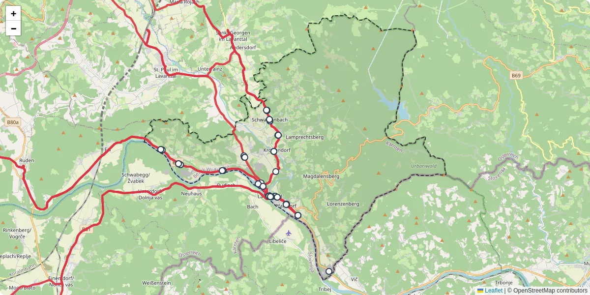 Nahverkehrsnetz in lavamund, Österreich - Buslinien, Haltestellen und Verbindungen auf der Karte