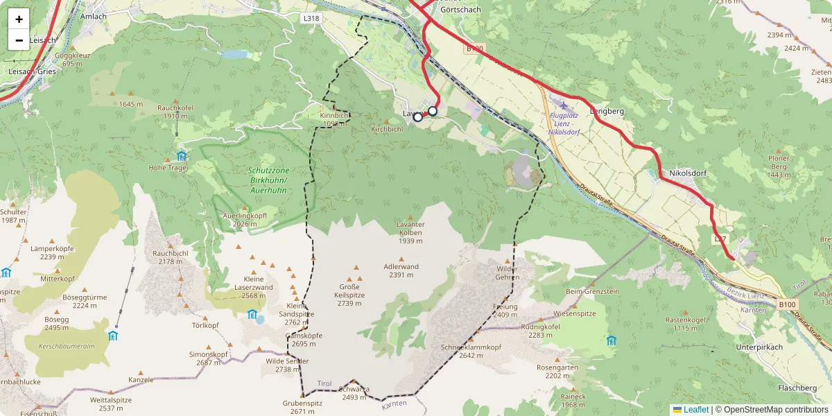 Nahverkehrsnetz in lavant, Österreich - Buslinien, Haltestellen und Verbindungen auf der Karte