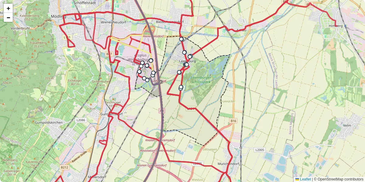 Nahverkehrsnetz in laxenburg, Österreich - Buslinien, Haltestellen und Verbindungen auf der Karte