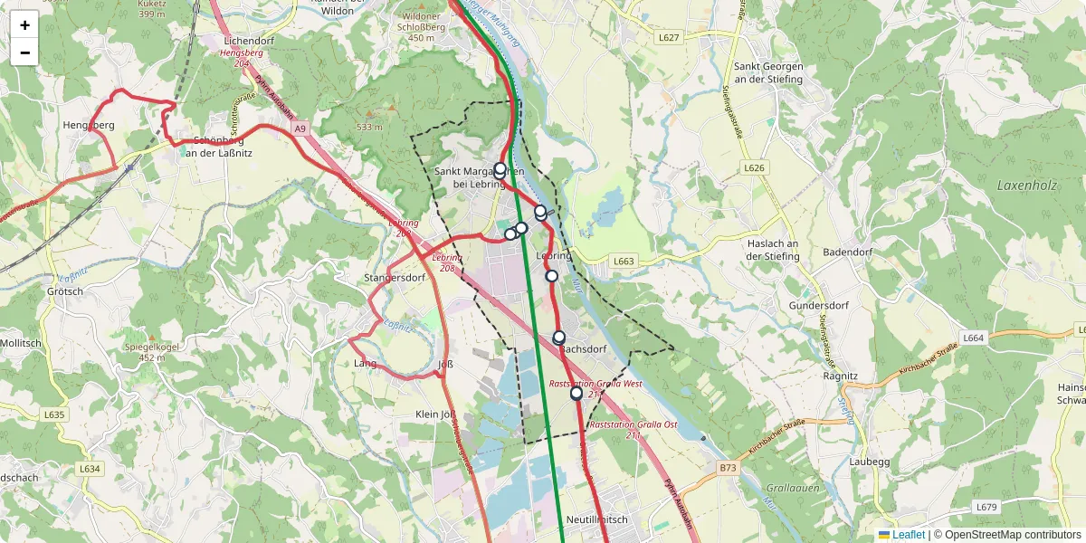 Nahverkehrsnetz in lebring-sankt-margarethen, Österreich - Buslinien, Haltestellen und Verbindungen auf der Karte