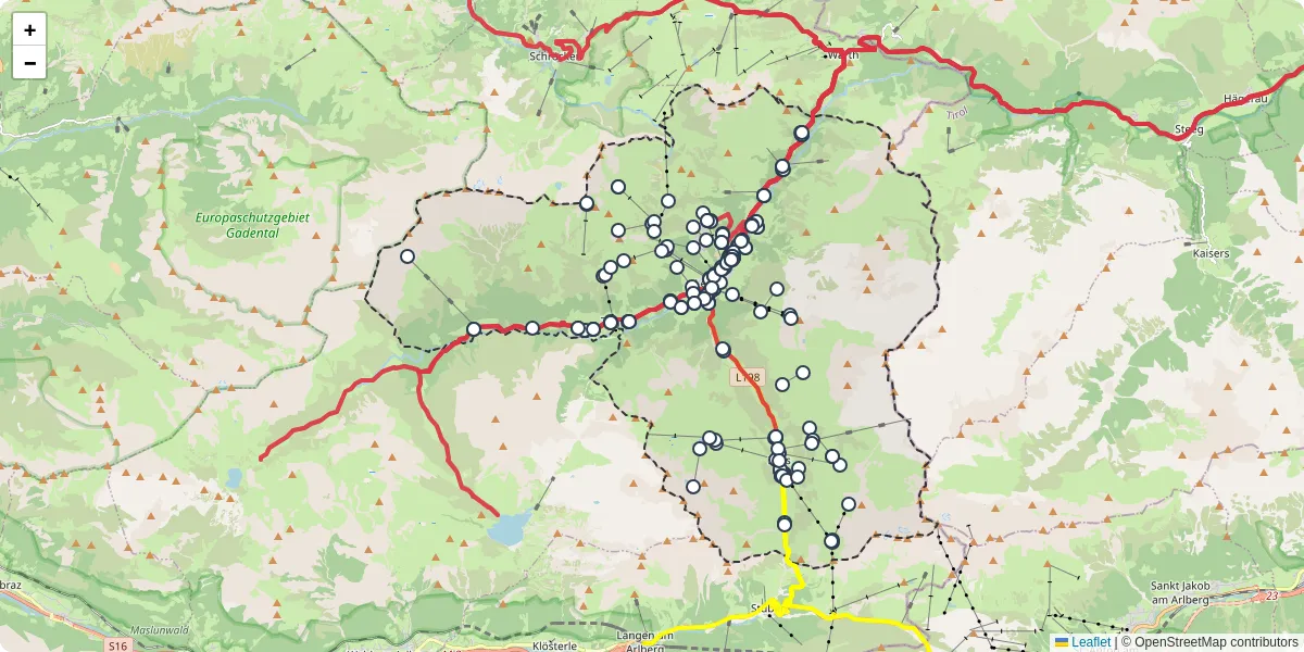 Nahverkehrsnetz in lech, Österreich - Buslinien, Haltestellen und Verbindungen auf der Karte