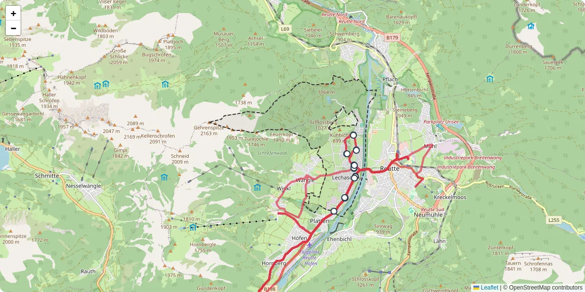 Nahverkehrsnetz in lechaschau, Österreich - Buslinien, Haltestellen und Verbindungen auf der Karte
