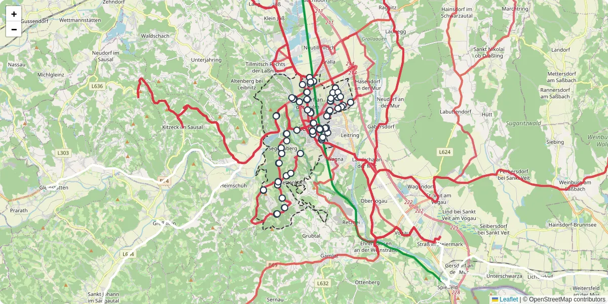 Nahverkehrsnetz in leibnitz, Österreich - Buslinien, Haltestellen und Verbindungen auf der Karte