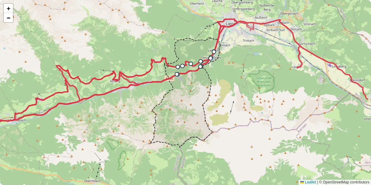 Nahverkehrsnetz in leisach, Österreich - Buslinien, Haltestellen und Verbindungen auf der Karte