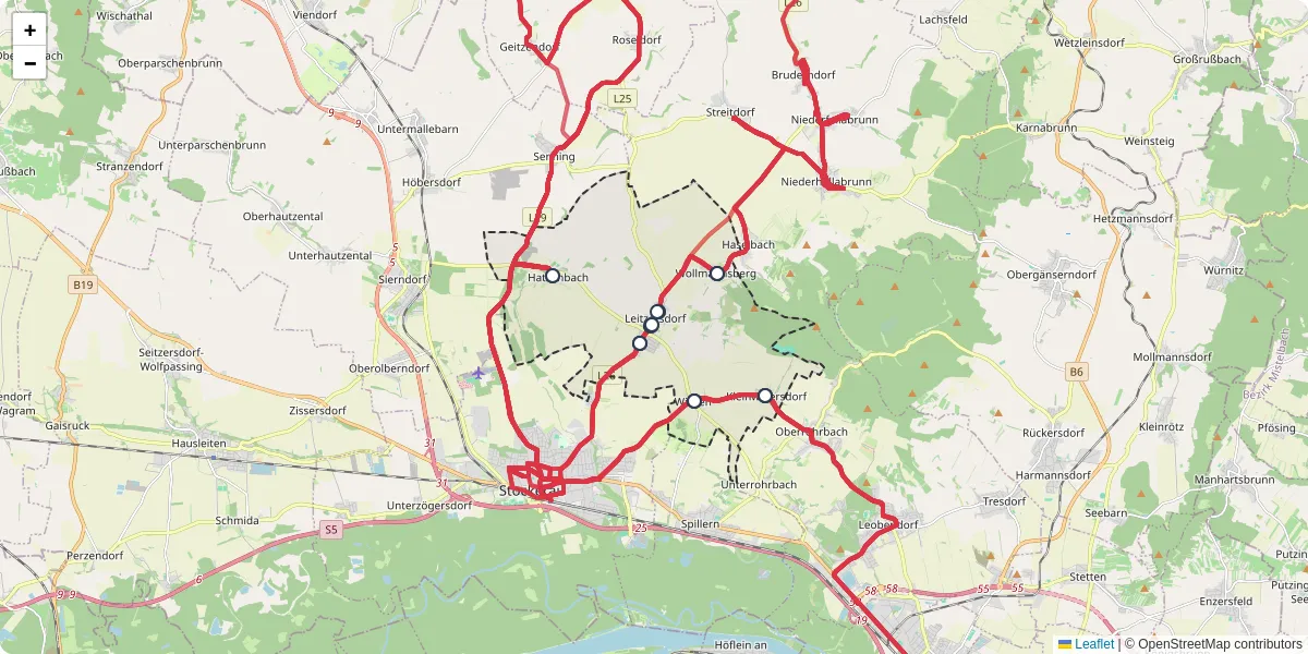 Nahverkehrsnetz in leitzersdorf, Österreich - Buslinien, Haltestellen und Verbindungen auf der Karte