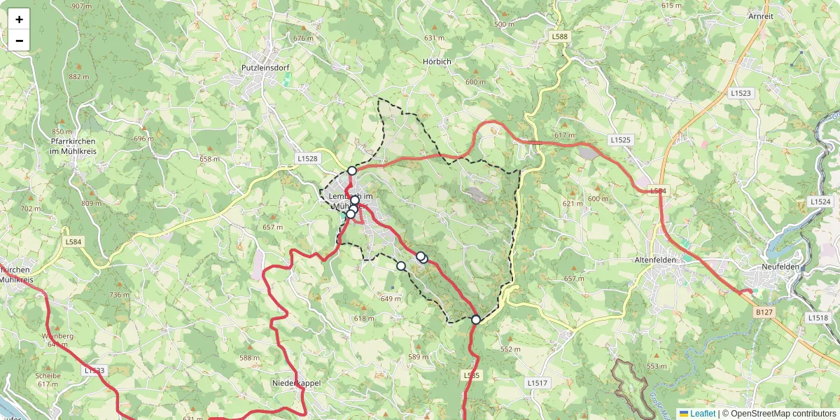 Nahverkehrsnetz in lembach-im-muhlkreis, Österreich - Buslinien, Haltestellen und Verbindungen auf der Karte