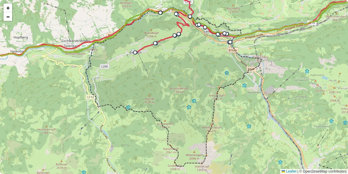 Nahverkehrsnetz in lend, Österreich - Buslinien, Haltestellen und Verbindungen auf der Karte
