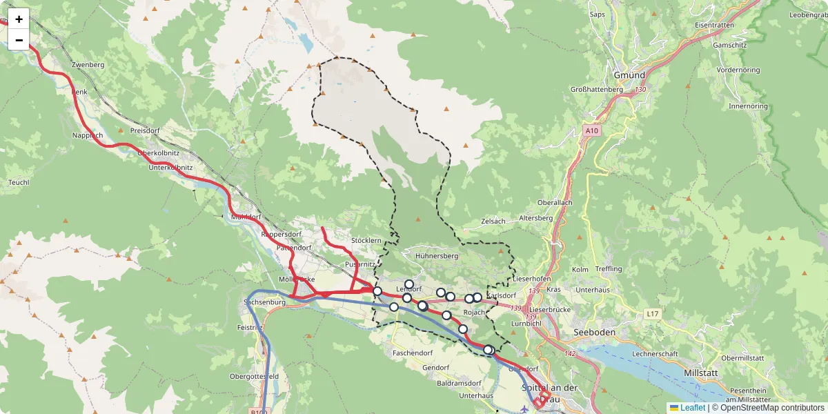 Nahverkehrsnetz in lendorf, Österreich - Buslinien, Haltestellen und Verbindungen auf der Karte