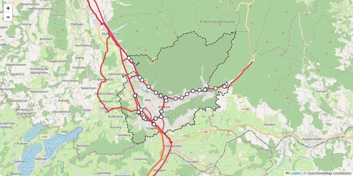 Nahverkehrsnetz in lengau, Österreich - Buslinien, Haltestellen und Verbindungen auf der Karte