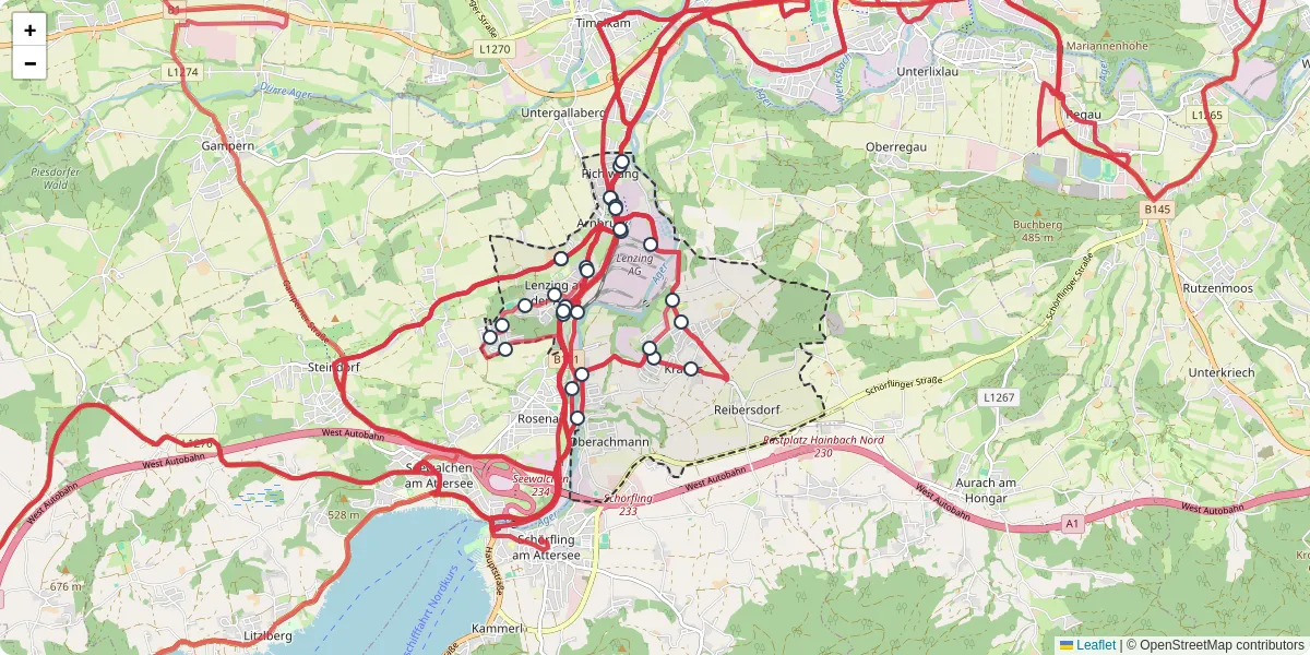 Nahverkehrsnetz in lenzing-an-der-ager, Österreich - Buslinien, Haltestellen und Verbindungen auf der Karte