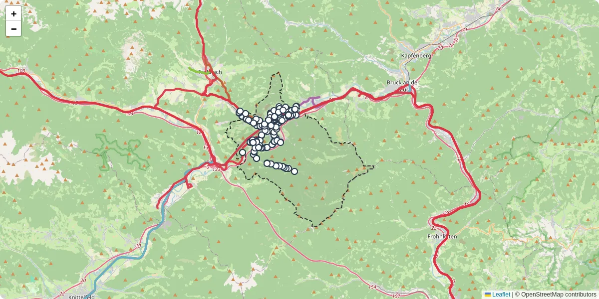 Nahverkehrsnetz in leoben, Österreich - Buslinien, Haltestellen und Verbindungen auf der Karte