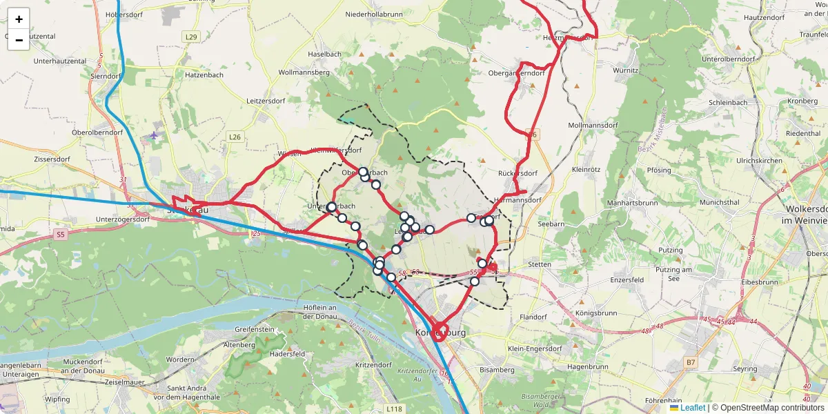 Nahverkehrsnetz in leobendorf, Österreich - Buslinien, Haltestellen und Verbindungen auf der Karte
