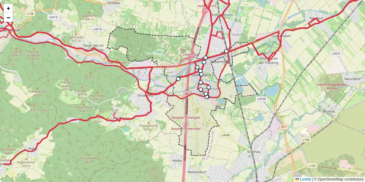 Nahverkehrsnetz in leobersdorf, Österreich - Buslinien, Haltestellen und Verbindungen auf der Karte
