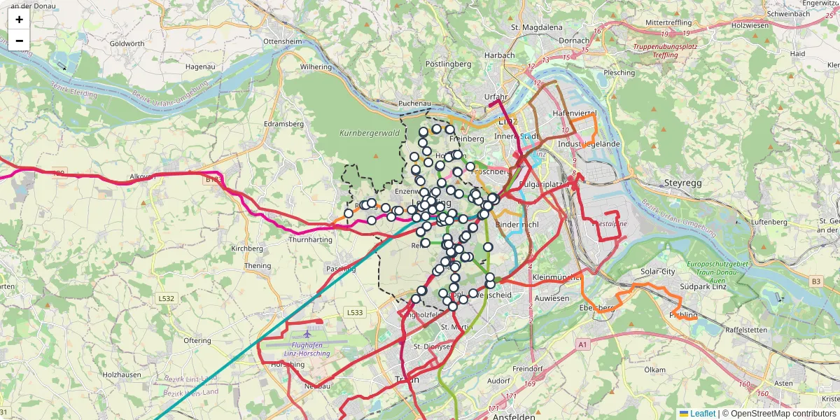 Nahverkehrsnetz in leonding, Österreich - Buslinien, Haltestellen und Verbindungen auf der Karte