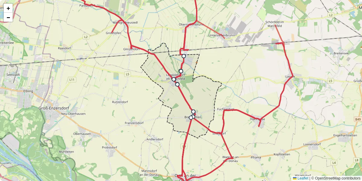 Nahverkehrsnetz in leopoldsdorf-im-marchfeld, Österreich - Buslinien, Haltestellen und Verbindungen auf der Karte