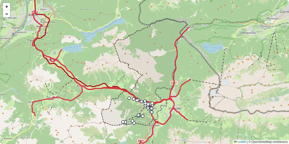 Nahverkehrsnetz in lermoos, Österreich - Buslinien, Haltestellen und Verbindungen auf der Karte